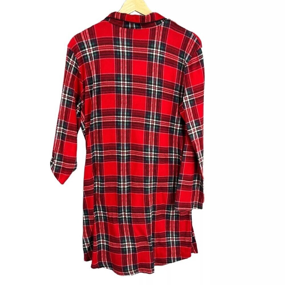 Laura Ashley Women's Large Nightshirt Red Plaid Flannel Long Sleeve Knee Length - Picture 3 of 5
